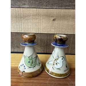 Pair Vintage Ken Edwards Pottery Chess Candle Holders Tonala Birds & Butterflies